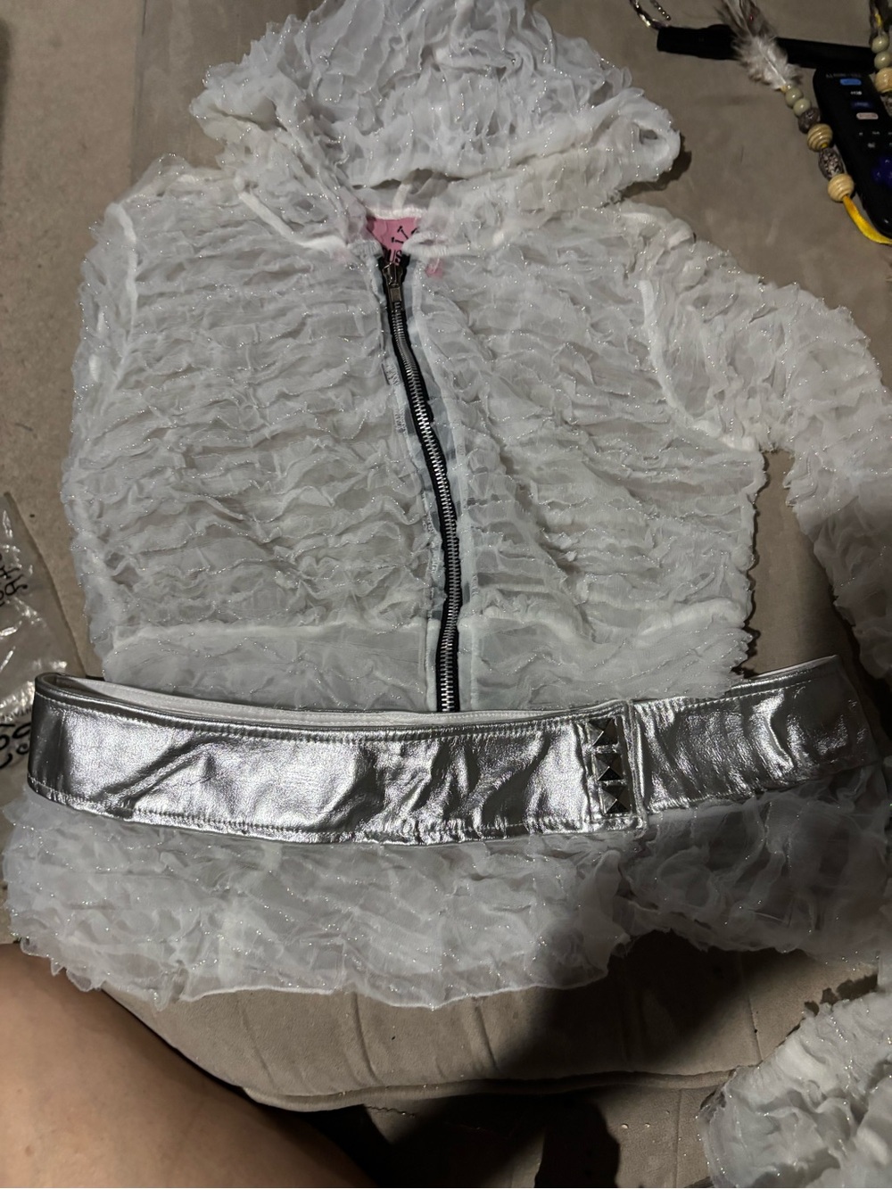Girls White Ruffle Hoodie Costume with Silver Belt